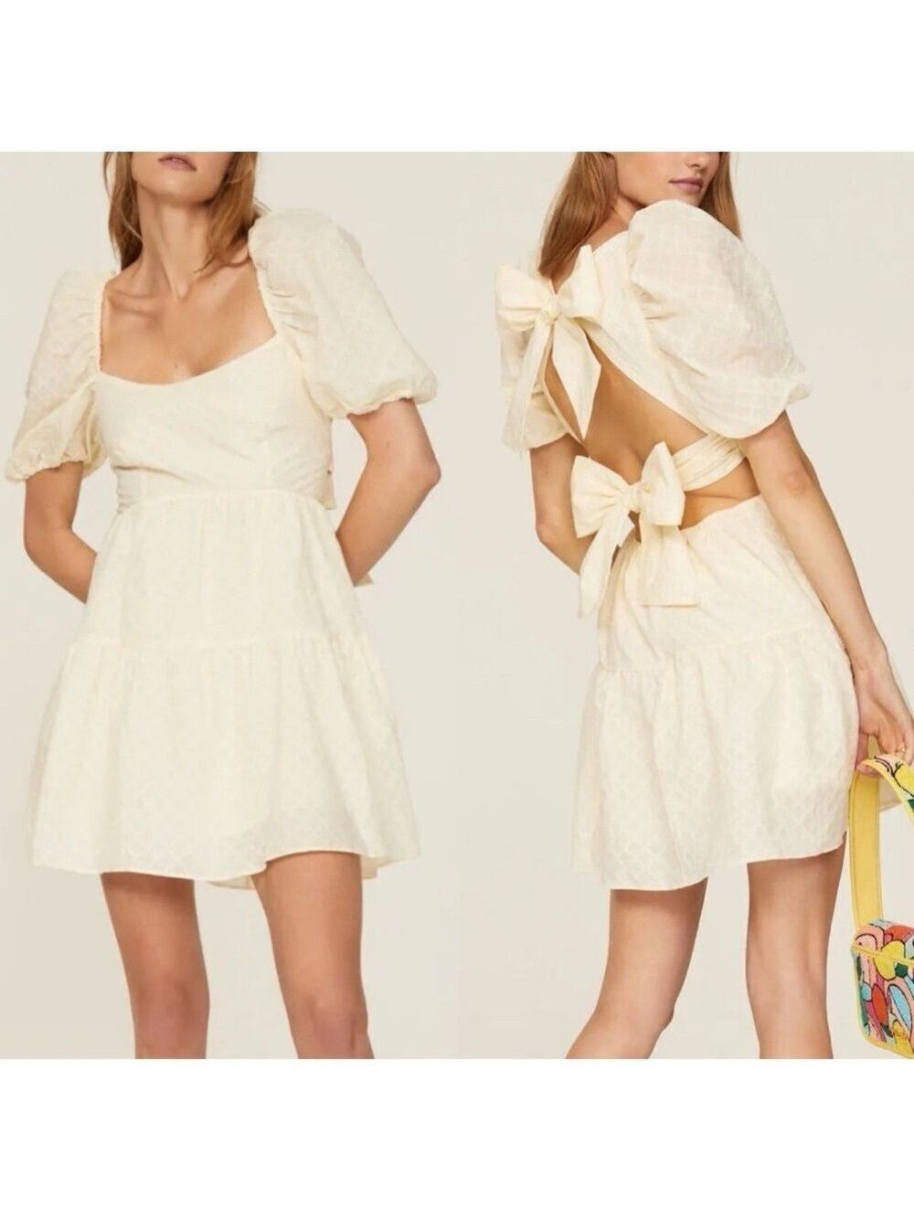 Bardot nwt Lucy Gotham Puff-Sleeve Open-Back tie bow Mini Dress size medium